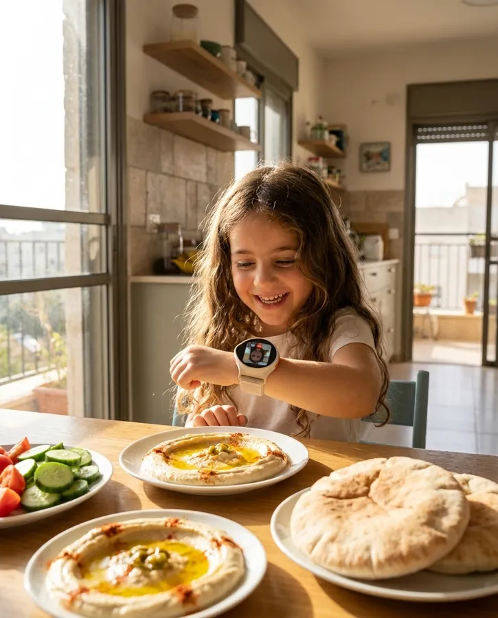 ילדה מדברת בשיחת וידאו בשעון NickWatch ליד שולחן ארוחת בוקר